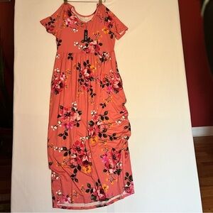 Elegant Floral Boho Coral Short Sleeve Empire Waist Summer Maxi Dress w/Pockets